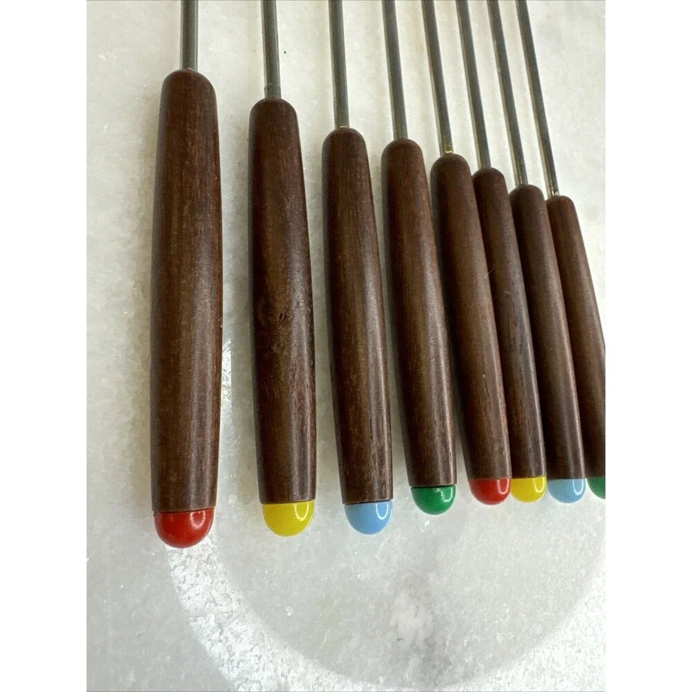 Vintage Fondue Fork Set (8) Color Coded Stainless Steel Wood Handle 10.5 In